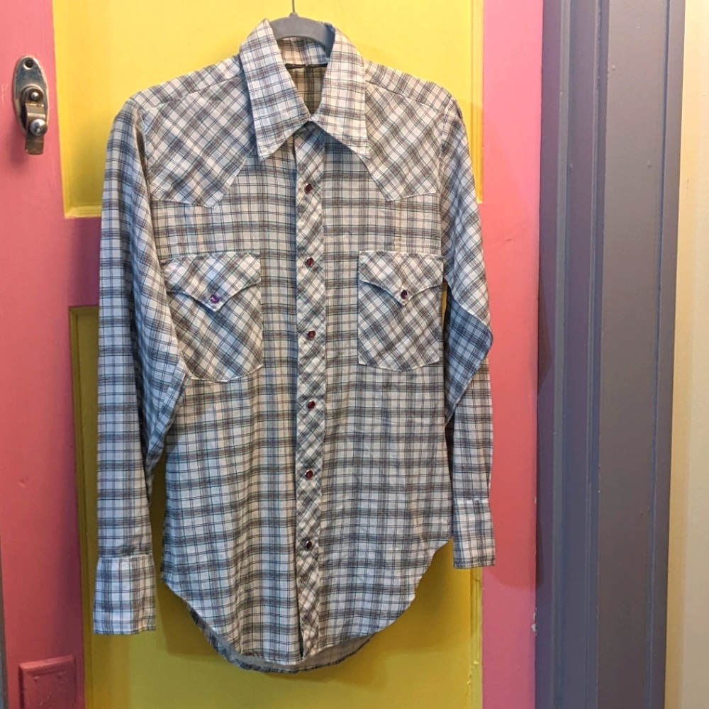 Vintage Sears brand western wear plaid button up shirt with purple snaps